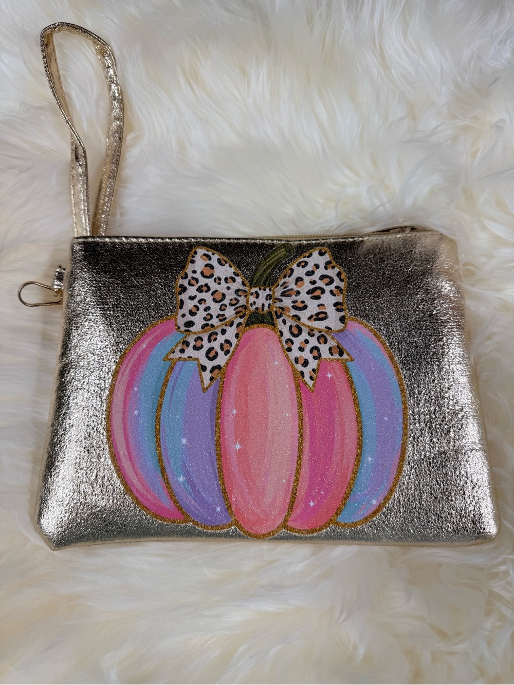Metallic Gold Wristlet Clutch with Pastel Pumpkin and Leopard Bow